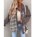 Femme décontracté manches longues carreaux patchwork veste en jean chemise manteau haut. - S / Brun Foncé