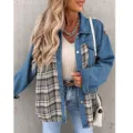 Veste femme en jean et carreaux patchwork casual manches longues chemise haut mode chic - Bleu foncé