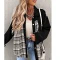 Veste femme manches longues à carreaux patchwork style casual chemise manteau chic haut - S / Noir