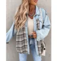 Veste en jean femme patchwork carreaux chemise decontractée manches longues bouton - Bleu ciel