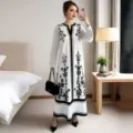 Elegant black and white printed long dress for women, casual boho style long sleeve maxi dress. - S / Dresses / Black and White