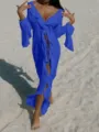 Royal blue long sleeve ruffle beach cover up detail showing lightweight sheer fabric and V neck. - S / Blue