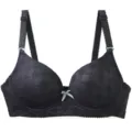 Detailed view of women's black push-up bra featuring elegant plaid pattern and underwire support. - 75B / Black