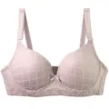 Detailed view of the pink grid pattern bra with center bow, adjustable straps. - Khaki