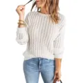 Women long sleeve round neck hollow knit sweater casual autumn top solid color pullover - S / White