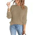 Maglione donna maniche lunghe collo rotondo in maglia traforata kaki, dettaglio stile quotidiano. - Kaki