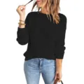 Women casual long sleeve crewneck hollow out knit sweater detail view, elegant black pullover. - S / Black