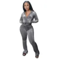 Femme mode couleurunie capuche velours cropped zip-up cardigan et pantalon long survêtement - Gris