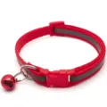 Red reflective pet collar detail view, nylon material with safety buckle and small bell. - Red