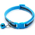 Detailed view of blue reflective pet cat dog collar with bell and adjustable buckle. - Lake Blue