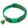 Green reflective pet collar detail view with safety buckle and bell for night safety. - Green