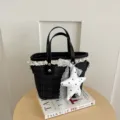 Details of the Korean style plaid bucket bag featuring cute lace trim and star pendant. - With Pendant / Black