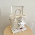 Beige tweed bucket bag for women, stylish retro lattice handbag with delicate lace trim and star pendant. - With Pendant / Off White