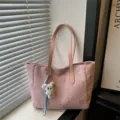 Roze ster print canvas shopper, grote schoudertas met schattige pluche konijn hanger. - Roze