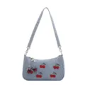Denim shoulder bag for women, featuring cute embroidered cherry patterns and metal pendant. - With Pendant / Blue