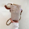 Brown white plaid crossbody phone bag, casual canvas mini pouch for keys and cards. - Brown