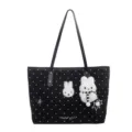 Joli sac cabas noir à pois avec pendentif en peluche de lapin mignon sac à bandoulière décontracté - Sac Unique / Noir