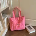 Borsa shopper in tela a pois rosa da donna, grande borsa a spalla casual con tasca frontale. - Rosso rosa