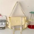 Cute Japanese college style canvas messenger bag with transparent front pocket for students daily use. - Yellow