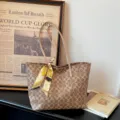 Stylish large capacity women shoulder tote bag with vintage monogram and chic silk scarf accessory. - Tote Bag (1336629) / Khaki