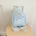 Detailed view of cute light blue mini backpack with embroidered cat face and star patterns. - With Pendant / Blue