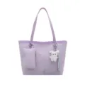 Purple tote shoulder bag for women with butterfly glitter print and cute plush pendant. - With Pendant / Purple