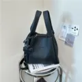 Maύρη τσάντα bucket με σχέδιο litchi για γυναίκες, κομψή τσάντα ώμου και χιαστί. - Βαθύ Μαύρο