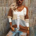 Detailed view of the stylish women's colorblock knit hoodie with front lace-up design. - S / Brown