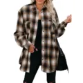 Γυναικείο καρό μακρυμάνικο πουκάμισο oversize casual σακάκι για φθινοπωρινή μόδα τοπ - S / Καφέ