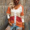 Women colorblock lace up knitted hooded cardigan long sleeve casual fashion sweater outerwear - S / Orange