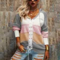 Close-up detail of women's colorblock knit cardigan featuring front lace-up design. - S / Gray