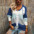 Women colorblock lace-up knit cardigan hoodie casual long sleeve sweater outerwear - Blue