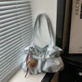 Light blue pleated shoulder bag for women, stylish tote commuter handbag with cute bear pendant. - With Pendant / Blue