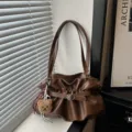 Women brown pleated shoulder bag PU leather large capacity tote handbag with cute bear charm - With Pendant / Brown
