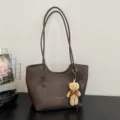 Classic brown PU leather tote bag with cute bear pendant, large capacity chic shoulder bag for women - With Pendant / Brown