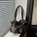 Autumn brown pleated shoulder bag, large capacity soft PU leather tote bag for women daily. - With Pendant / Brown