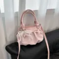 Pink polka dot pleated handbag with pearl bow charm, cute commuter shoulder crossbody bag. - With Pendant / Pink