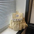 Sac à dos en toile jaune à imprimé étoiles mignonnes et bordure en dentelle blanche, cartable. - Jaune