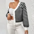Black and white striped knitted cardigan for women, V-neck lantern sleeve sweater. - S / Black