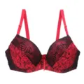 Detailed view of a sexy red and black lace push-up bra featuring floral patterns and bows. - Red