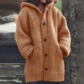 Women oversized hooded knit cardigan sweater long sleeve button down chunky outerwear winter - Orange