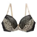 Detail view of lace push-up bra, featuring floral print and color block design with straps. - 75B / Nude