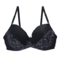 Sexy women push up bra with black and purple lace print, adjustable straps and comfortable fit. - 75B / Black