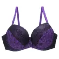 Close-up of a purple and black lace push-up bra, showing detailed floral lace and straps. - 75B / Purple