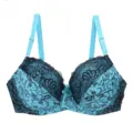 Detail view of a sexy women's push-up lace bra with color block design and adjustable straps. - Blue