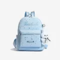 Light blue leather backpack for women with cute star patterns and fluffy bunny pendant. - With Pendant / Blue