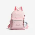 Pink star print casual backpack for women, stylish school bookbag with cute plush pendant and pockets. - With Pendant / Pink
