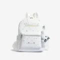 Stylish white star print women backpack with cute rabbit pendant for daily school travel use. - With Pendant / White