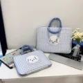 Borsa per laptop a quadretti blu e bianco con simpatico toppa di cane, custodia per 14 pollici. - Taglia L / Blu