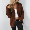 Brown hooded knit cardigan detail, soft texture and button closure for cozy casual wear. - Caramel color